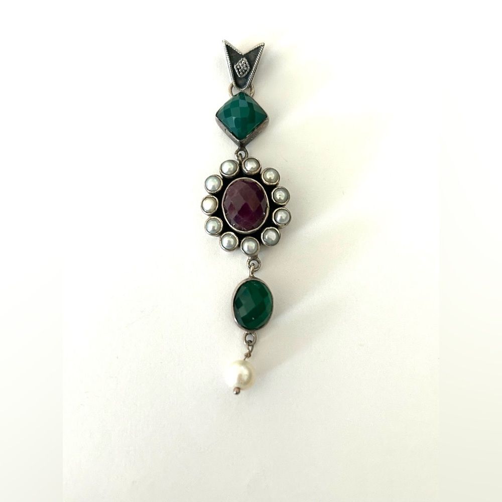 Sterling Silver 925 India Designer Ruby Tourmaline Pearl Pendant